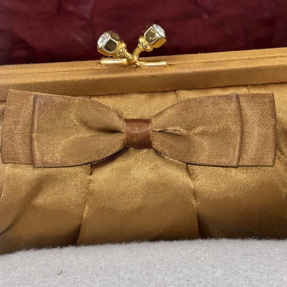 Valerie Stevens Gold Satin Duel Strap Clutch Purse Bow Rhinestone Kiss Lock EUC